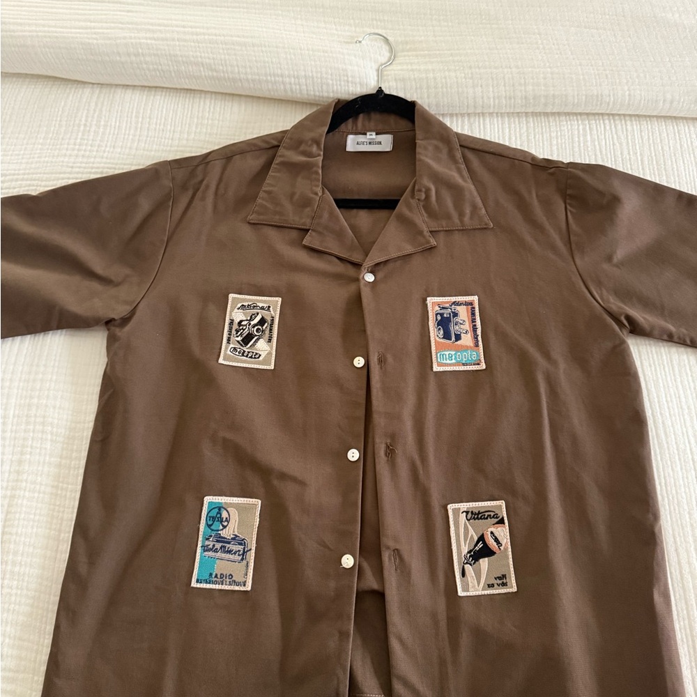 Brown Button Down Shirt With Patch Designs - Alfi… - image 1